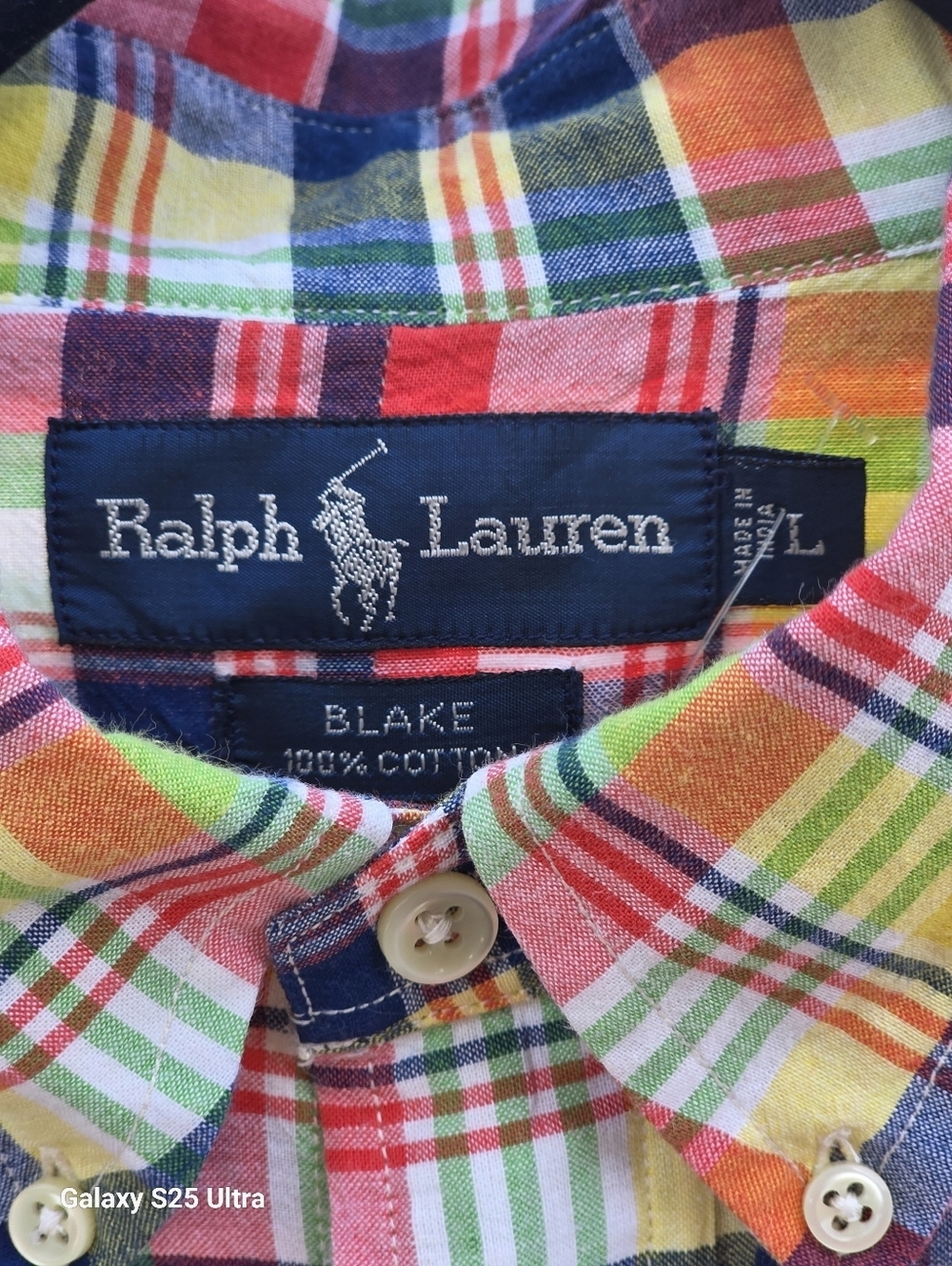 Vintage 90s Polo Ralph Lauren Blake Madras Plaid Cotton Shirt Large EUC - Picture 17 of 17